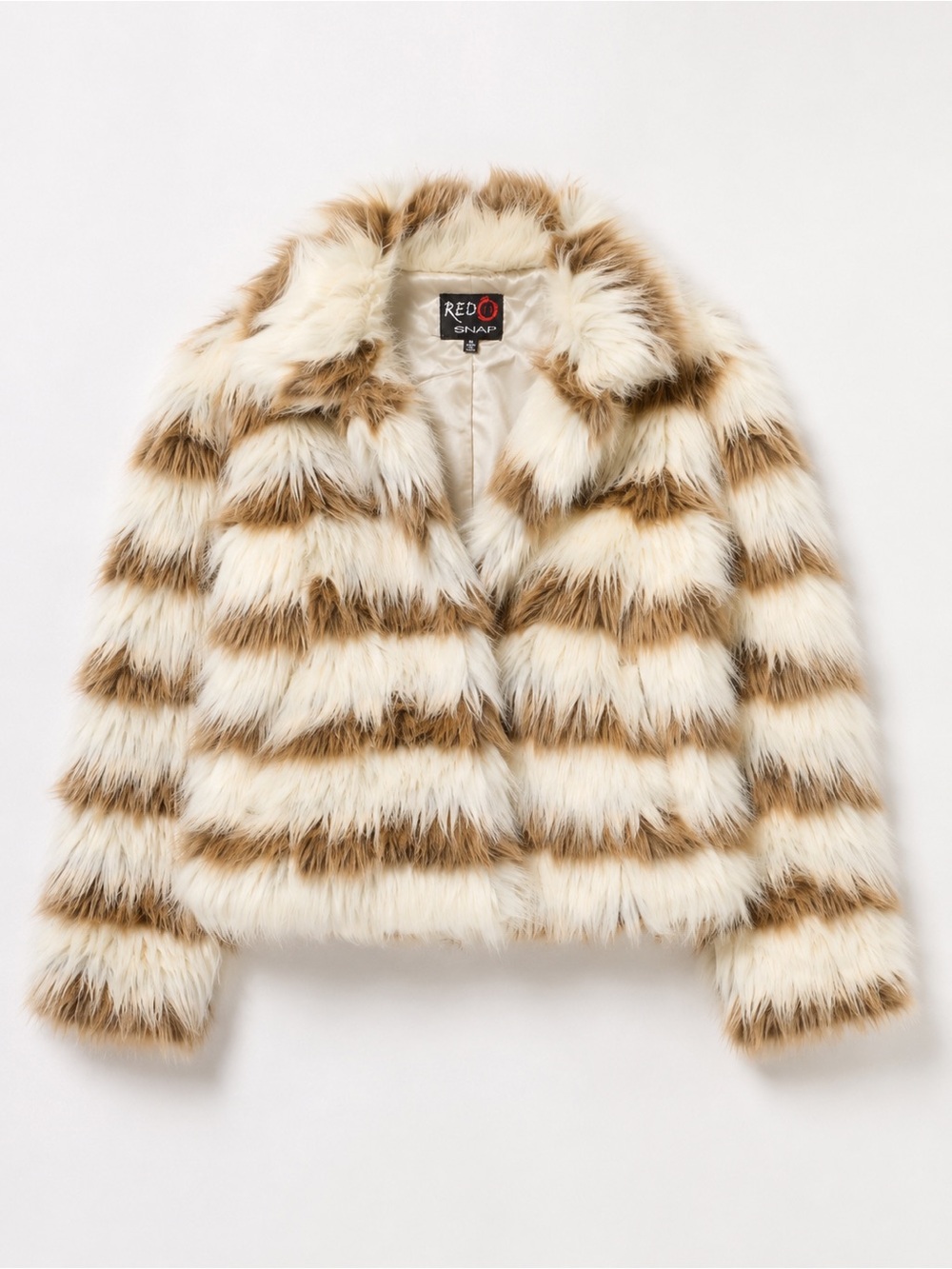 Y2K 2010s RED SNAP Faux Fur Coat Cream Brown Striped Glam Winter Jacket